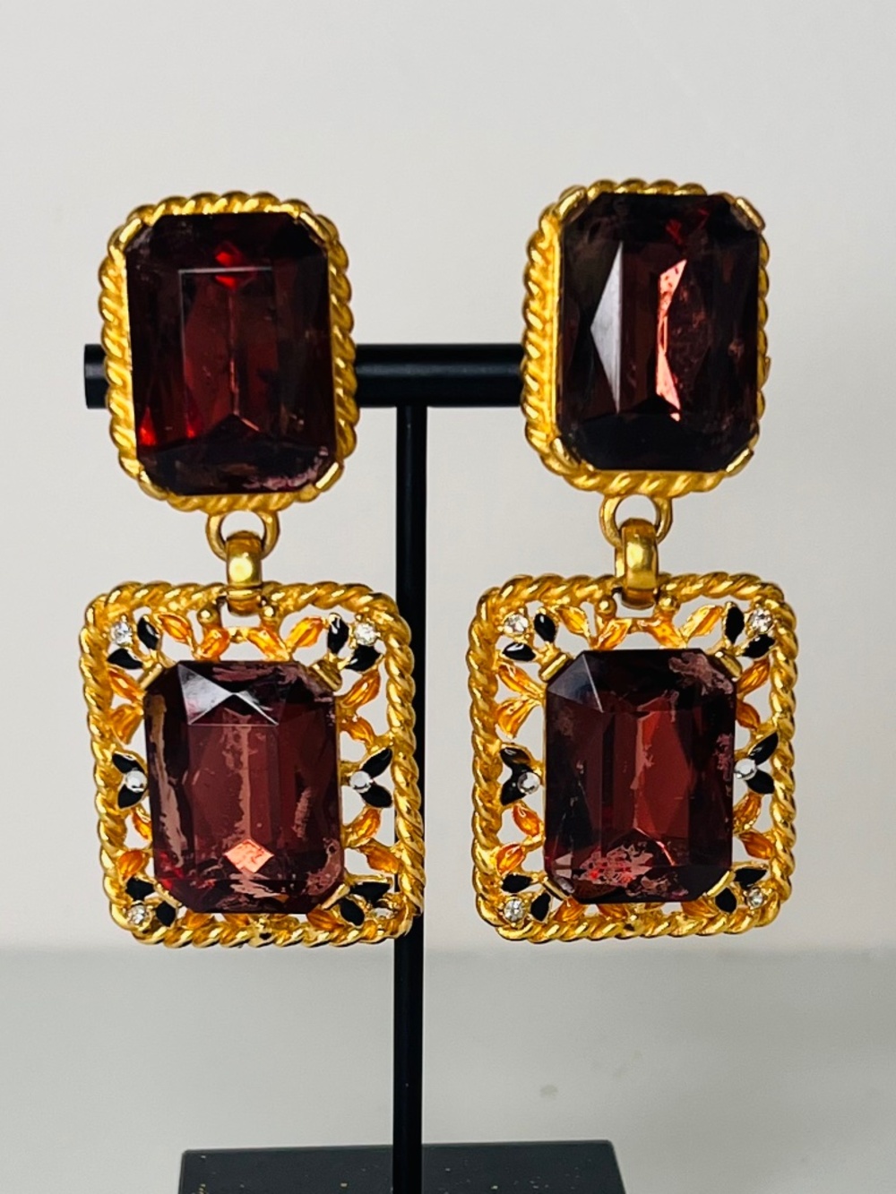 Vintage CRAFT Chunky Gold Openwork Glass Statement Earrings 80s Runway